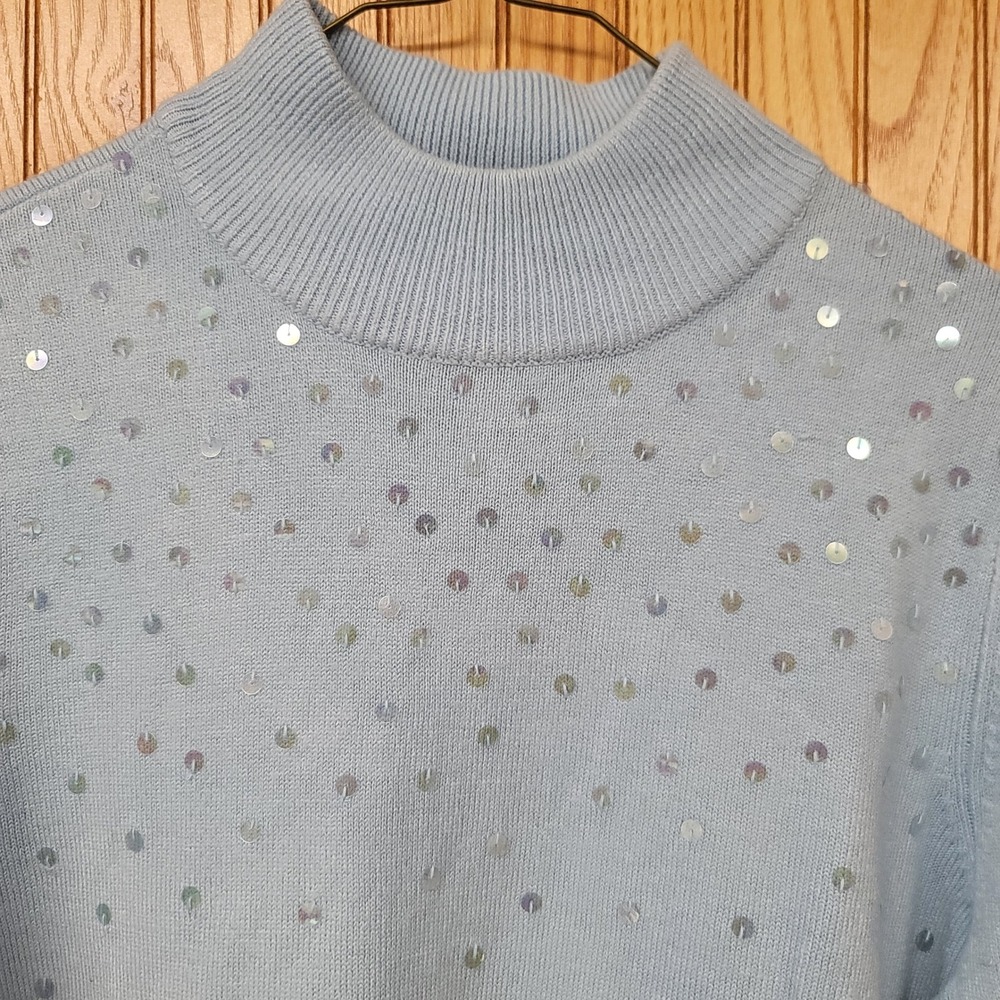 VTG Quacker Factory Womens XS Light Blue Sequin Mock Neck Long‎ Sleeve Sweater